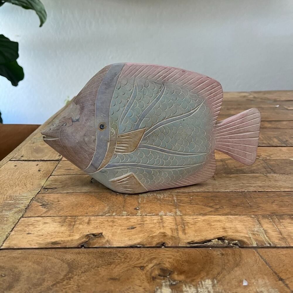 Vintage 1980s Teakwood Tropical Fish Sculpture 10" Painted in Pastel Decorative